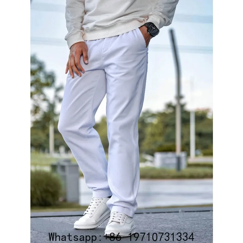 Plus-size simple white straight-leg jeans, stretchy and comfortable fabric, men's plus-size everyday casual work pants