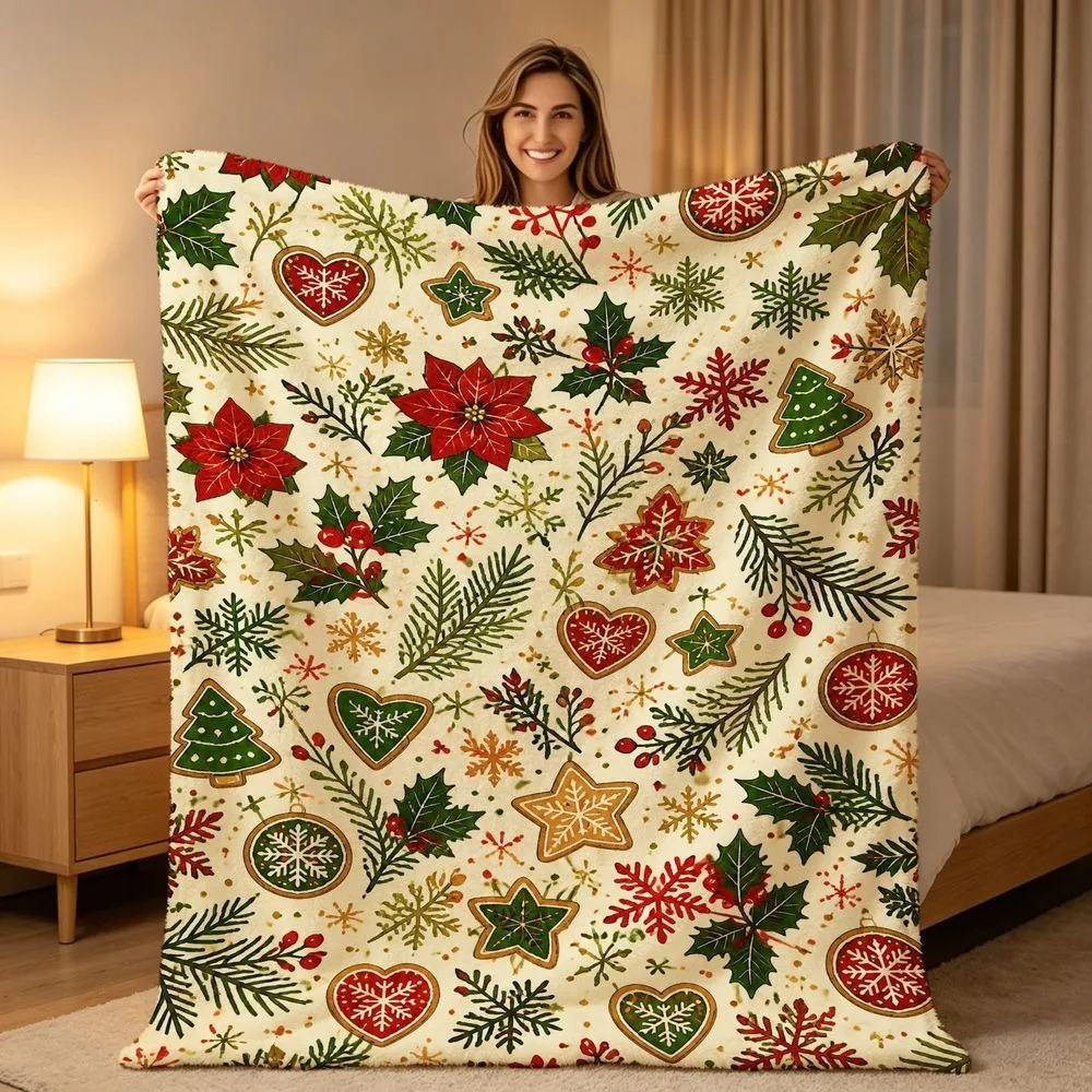 Vibrant Yuletide Season Print Throw Blanket Pine Needle Red Wild Berry Foliage Pattern Soft Warm Sofa Bed Blanket All Season