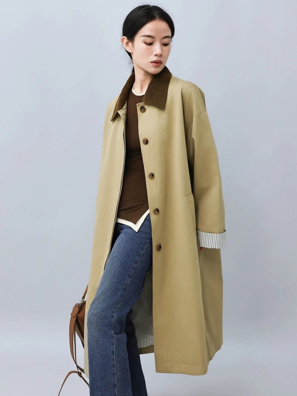 

Color Blo Vintage Khaki Windbreaker Coat Women's Mid-Length Jaet Quali Outerwear Spring 2024 Commute Sle Long Sve