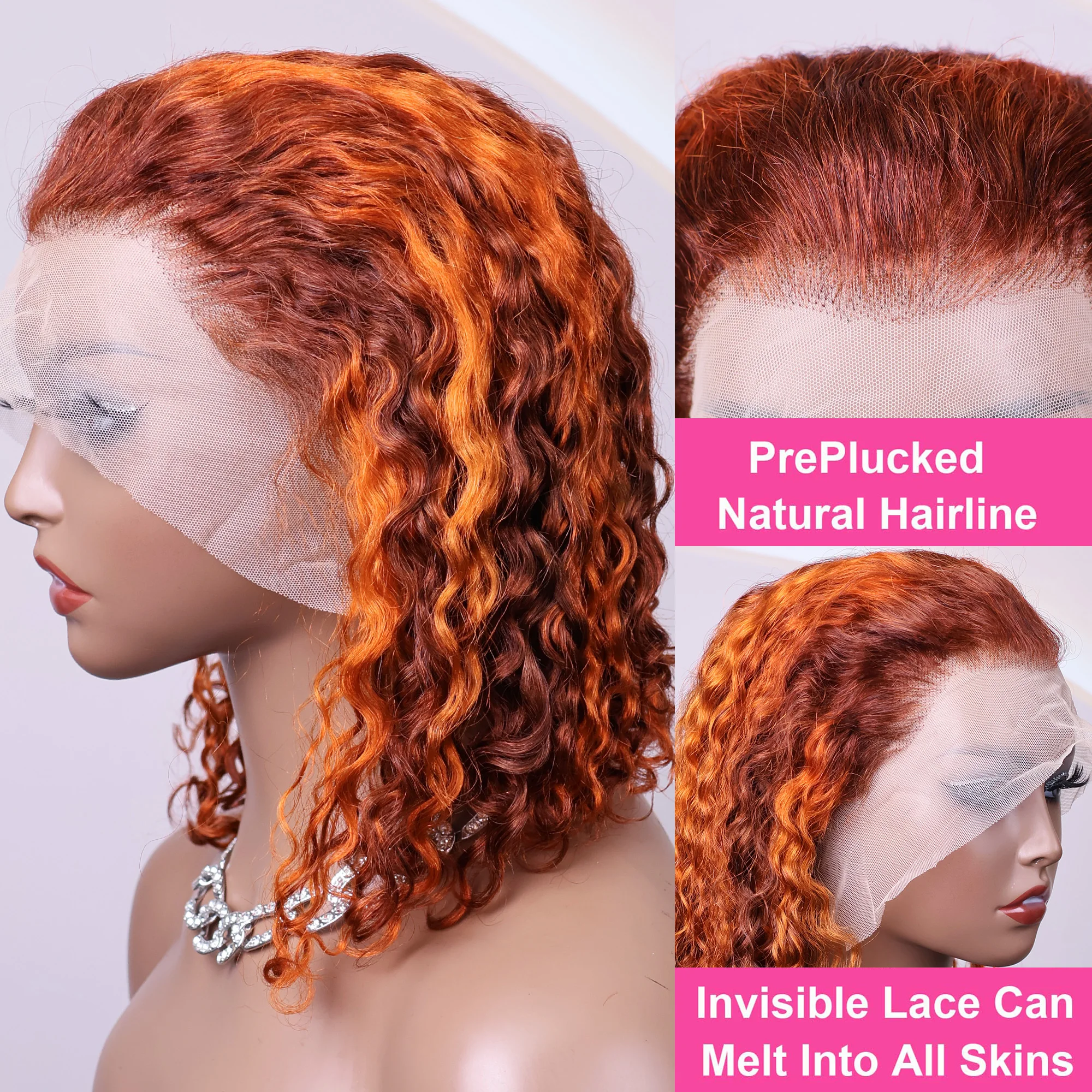 Perruque Bob Lace Front Wig naturelle, cheveux humains, couleur gingembre, Orange, marron, P4/350, reflets 13x4, Deep Wave, densité 200, pour femmes