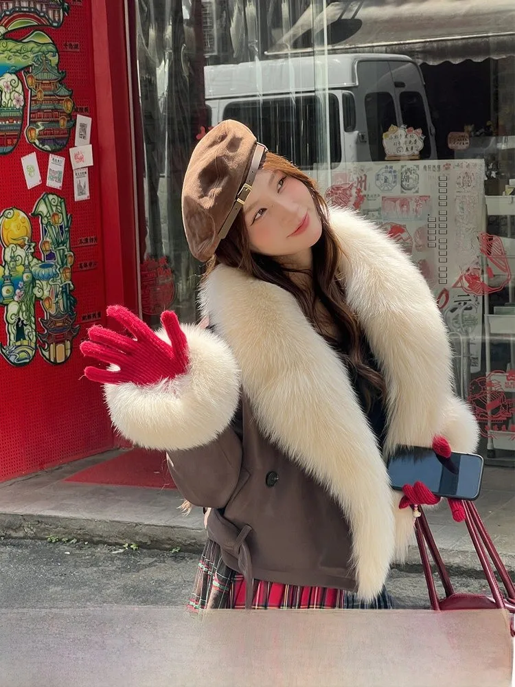 

Пуховик Anna Home's Young Style с меховым воротником, V-образным вырезом, длинными рукавами и поясом на талии для женщин