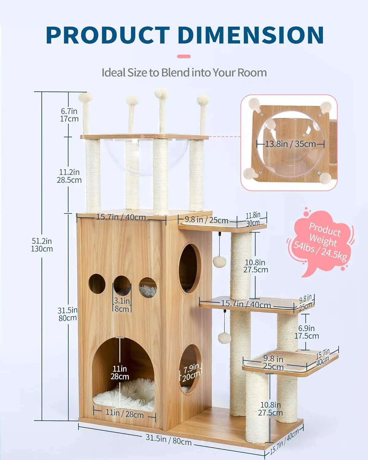 Modern Cat Tree for Large Cat, Wood Cat Tower Heavy Duty with Scratch Post for Indoor Big Cats, 51