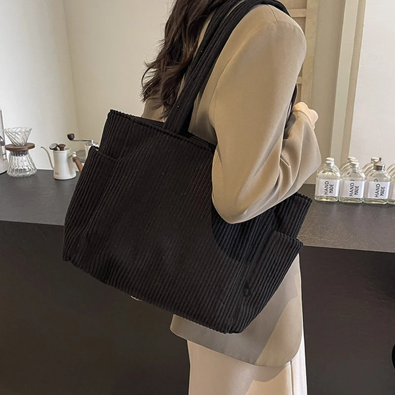 Casual Soft Corduroy Shoulder Tote Bag, Lightweight Multi-space Handbag for Office Work, Weekend Outings and Errands view 5
