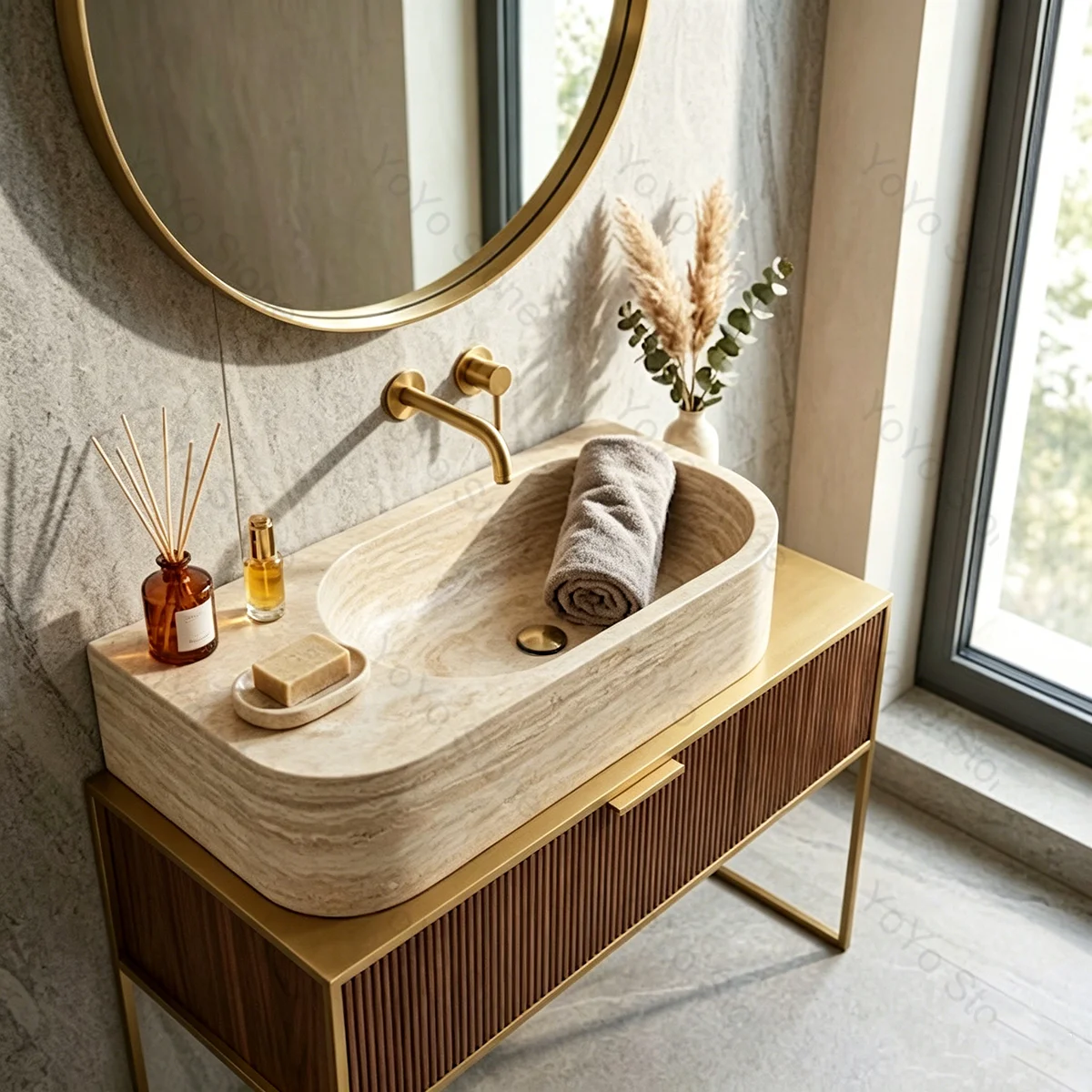 #￥Wholesale Modern Yellow Natural Travertine Rectangle Wash Basin Tabletop Sink Wall Hung for Bathroom and Dining Room