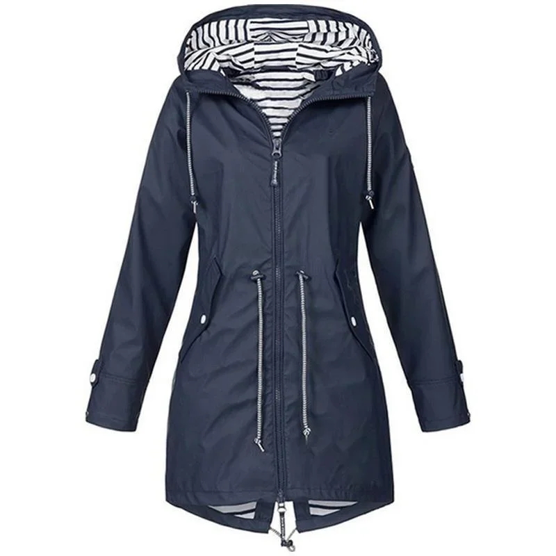 

Winter New Women Waterproof Raincoat Casual Basic Outdoors Trench Lightweight Drawstring Jackets Female Hiking Clothes