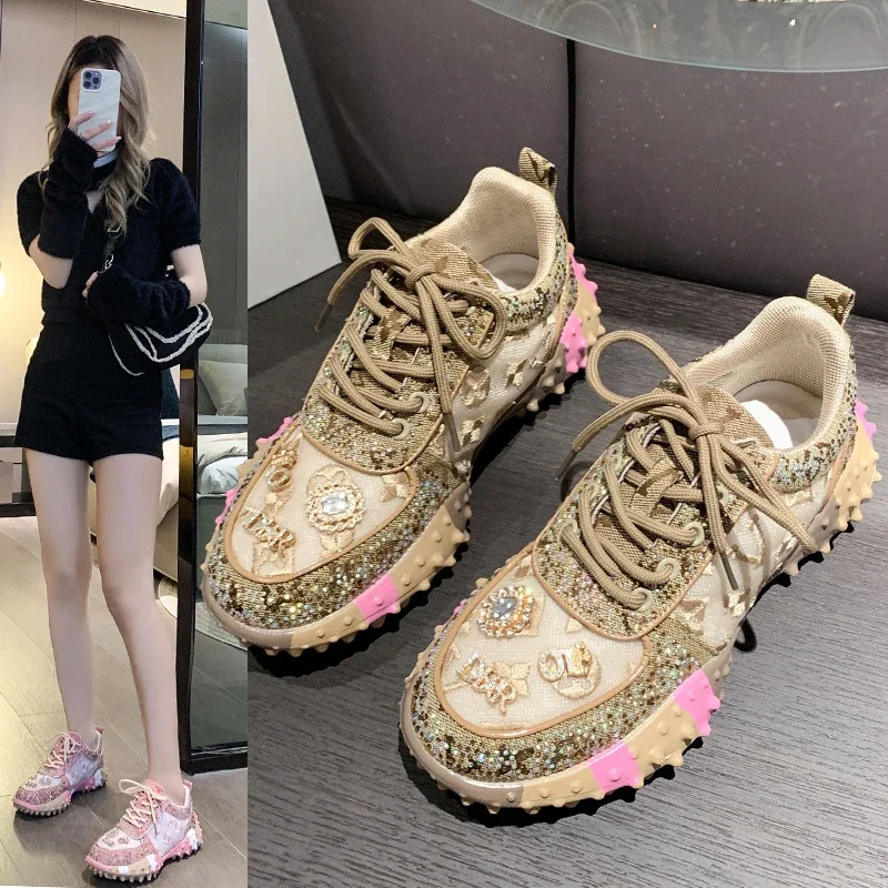 

New Rhinestone Women Sneakser Diamond Breathable Luxury Designers Casual Thick Bottoms Shoes Zapatos Mujer Sneakers