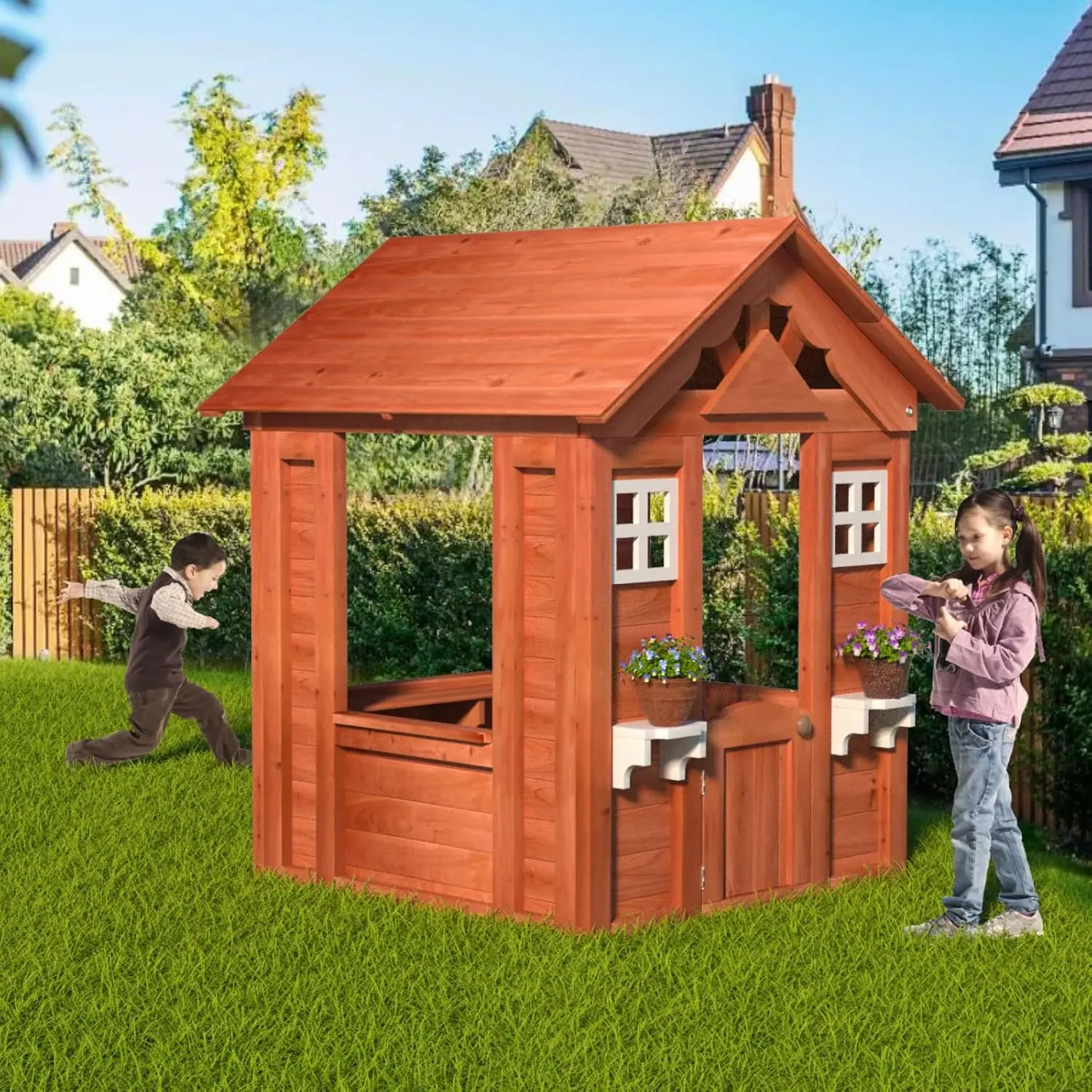 Outdoor Playhouse, Wooden Kids Playhouse For Kids 3-8, Kids Outdoor Playhouse With Front Door, Windows, Flowerpot Holder & Side