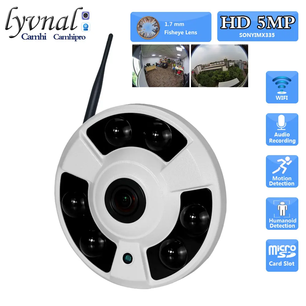 1.7mm Fisheye Lens HD 5MP SONY335 Wireless Security IP Camera Wifi Audio IR Night Vision SD Card Slot Humanoid Alarm