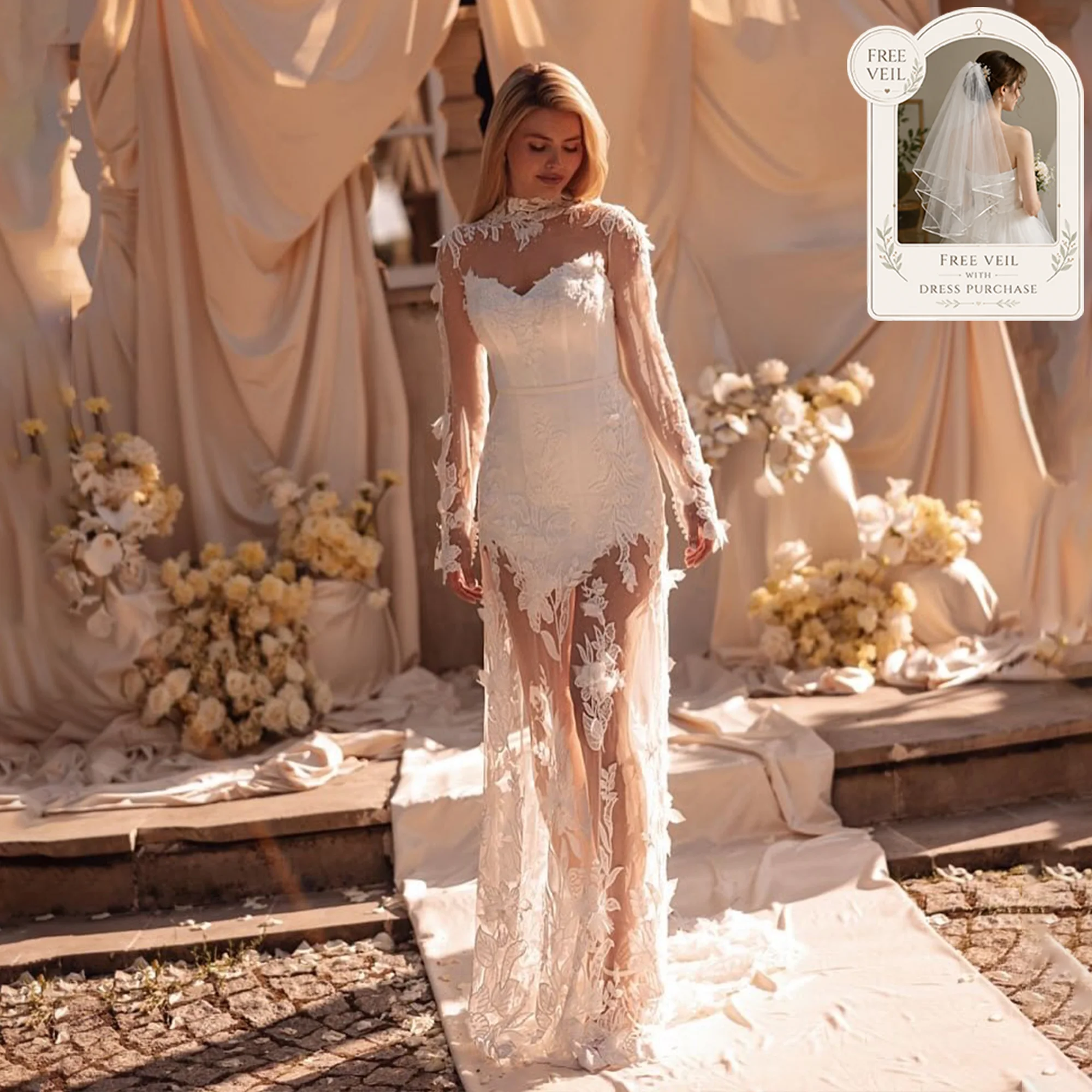 Flowers Lace Bride Dresses Full Sleeve Applique Bride Mini Dress High Neck Civil Reception Dresses For Weddings Customized