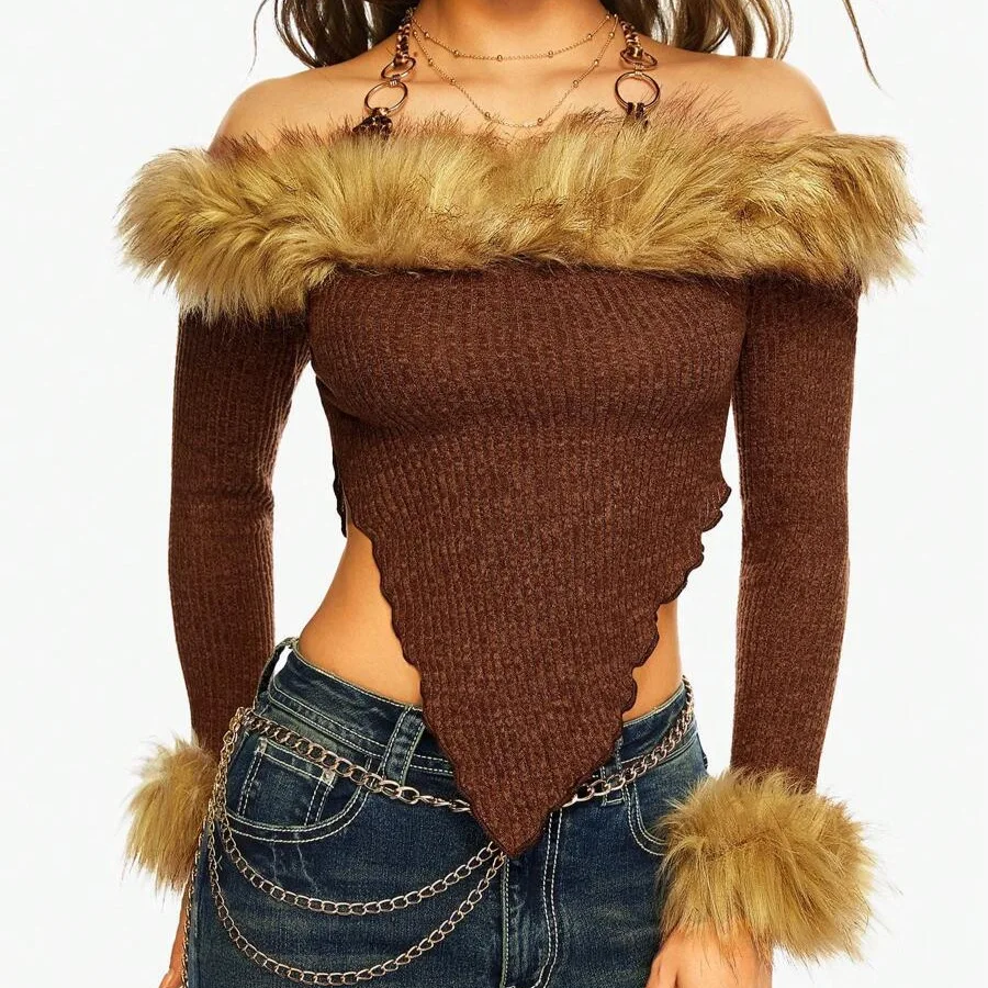 Furry Splicing Ribbed Off Shoulder Long Sleeve Irregular T-shirts Crop Tops Women Leopard Print Patchwork Lace Up Halter Tees