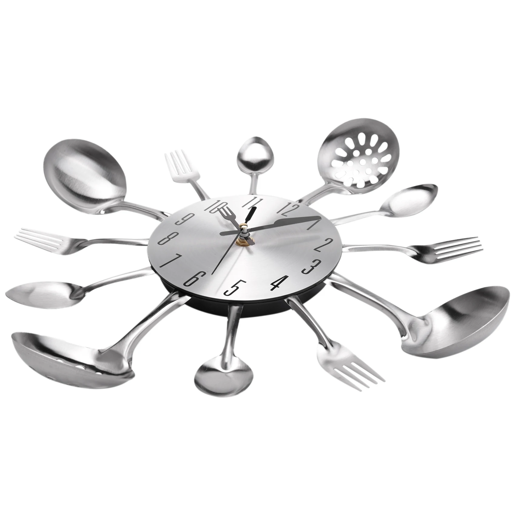 Metal Kitchen Cutlery Wall Clock 14 Inch with Fork Spoon 3D Non Ticking Quartz Watch Clock for Bedroom Home