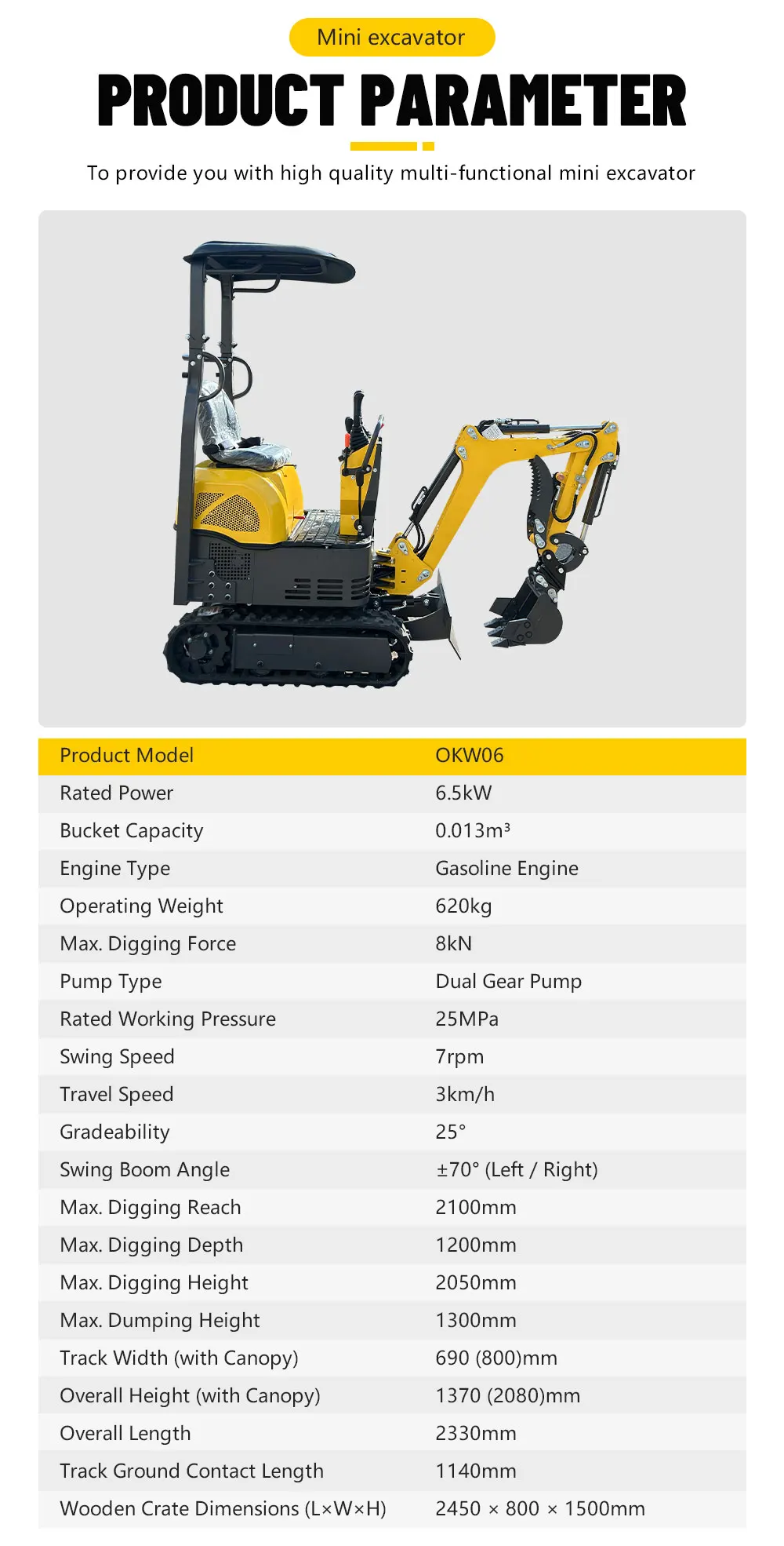 0,6-Tonnen-Kompakt-Minibagger mit CE-Zertifizierung, robuste Konstruktion für den Einsatz auf engstem Raum in Landwirtschaft und Gartenbau, individuell anpassbar. – Detail 3