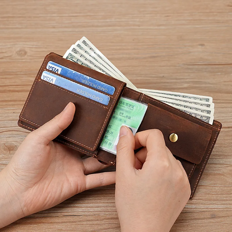Retro crazy horse leather men's wallet, multi-functional push-button coin pocket, cowhide wallet for men