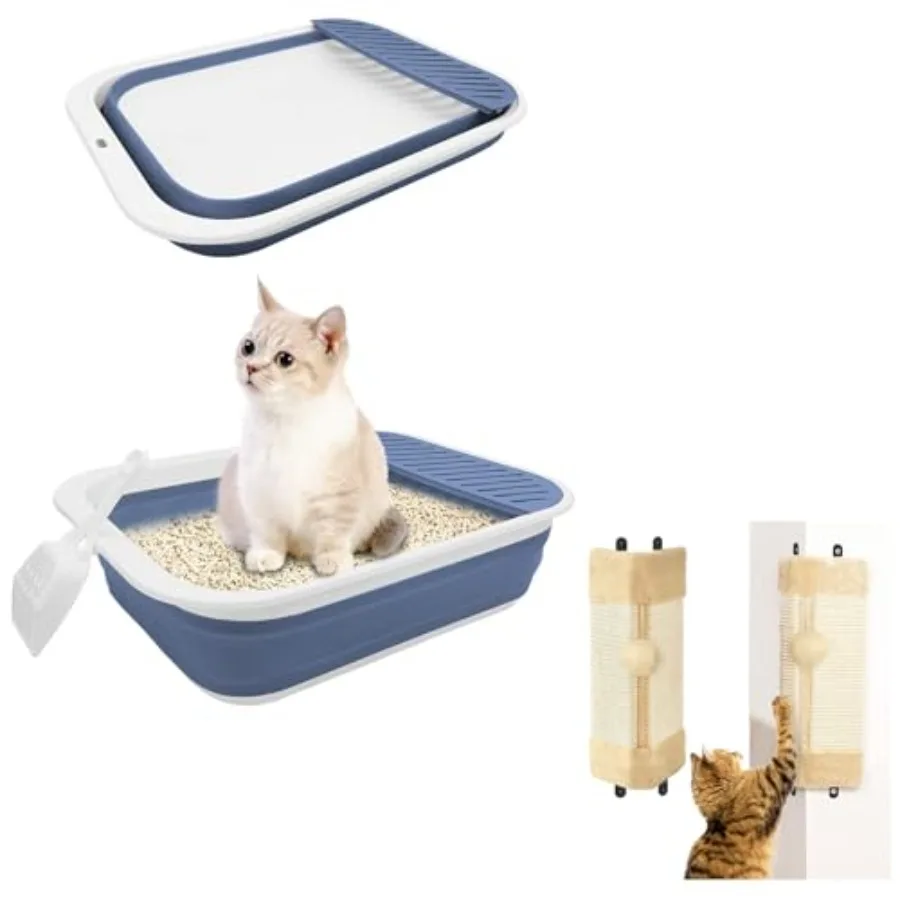 

17.7"×13.8" Collapsible Small Cat Litter Box for Kittens Potty Pan Foldable Cat Toilet with Scoop and 2 Pack Corner Wall Cat Sc