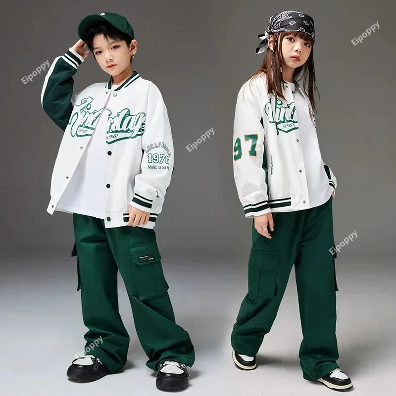 Girls Hip Hop Bomber Letters Jacket Cargo Pants Boys Stage Baseball Coat Child Street Dance Wear Clothes Sets Kids Jazz Costumes