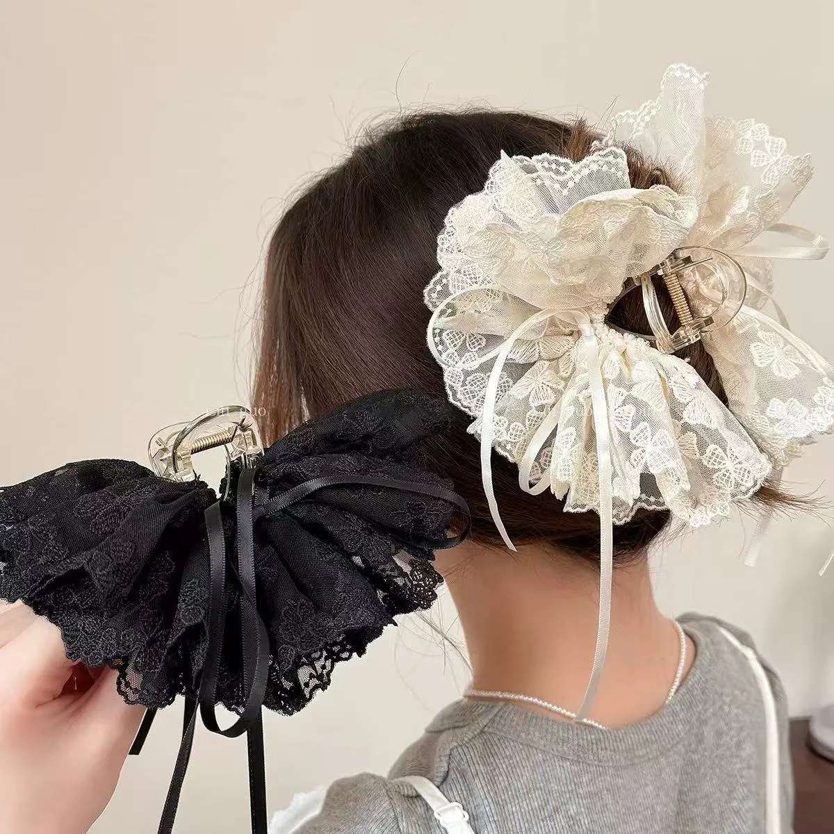 1 Stück Koreanischer Stil Elegante Schmetterlingsknoten-Schleife Bestickte Spitzen-Haarklammer, Damen-Haarspange für Pferdeschwanz und Halb-Up-Haarspange – Detail 1