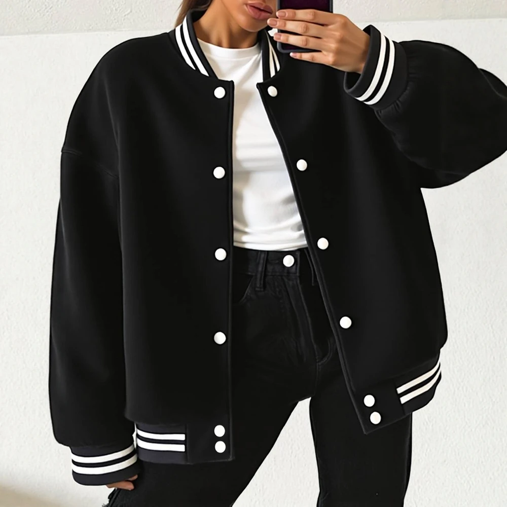 

Женская элегантная однотонная бейсбольная куртка с длинными рукавами, осенняя спортивная куртка с воротником на пуговицах и переплетом, элегантная верхняя одежда