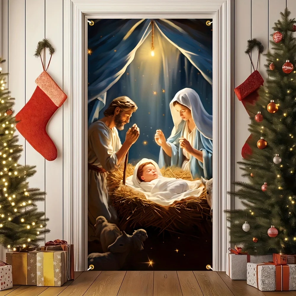 1-teilig, Krippenbanner, weihnachtlicher dekorativer Vorhang, festliche Szenendekoration, langlebiges Partybanner aus Polyestermaterial