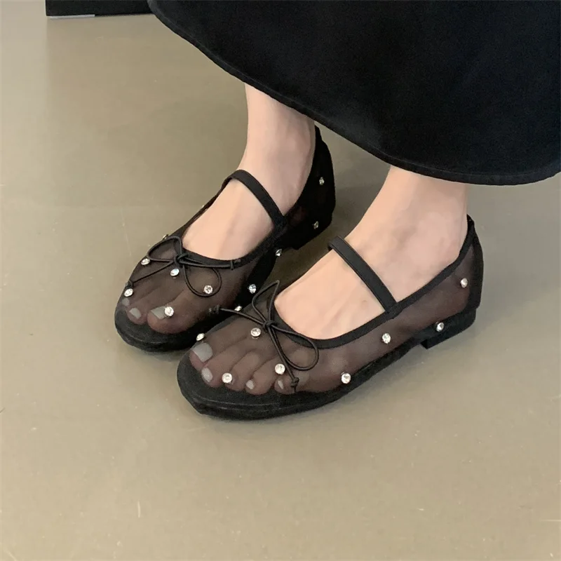 Mesh Mary Jane Shoes Women Sandals Ballet Flats Round Toe Rhinestone Crystal Black White Summer Elegant Casual Woman's Shoes