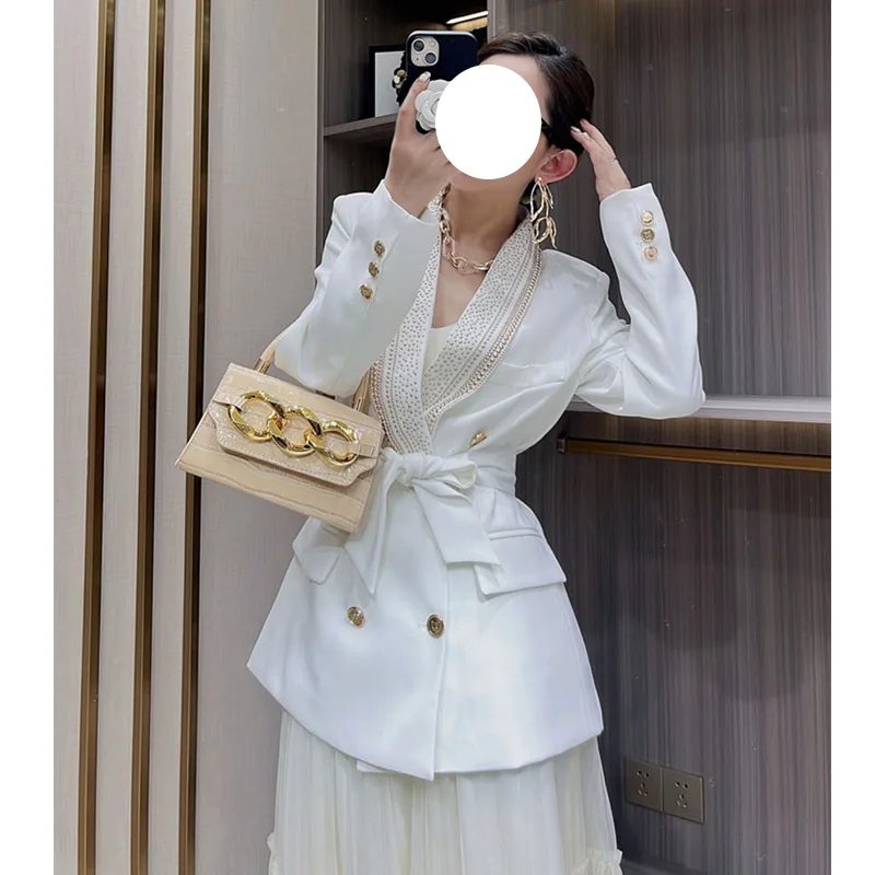 

High-grade fashion new style metal belt middle length suit coat woman