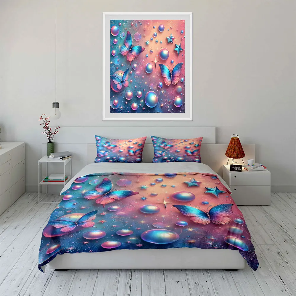 Dreamy Butterflies and Starry Bubbles Print Soft Comfortable Duvet Cover Bedding Set Included 1*Duvet Cover  2*Pillowcases