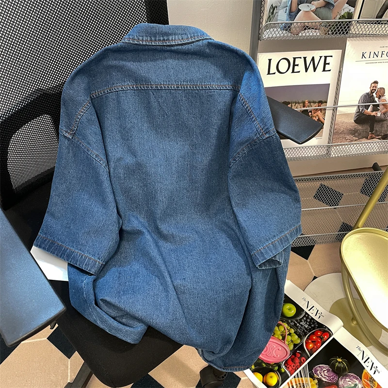 Blue Bear Embroidery Patchwork Denim Blouse Women Short Sleeve Japanese Shirts 2022 Summer Korean Tops Female Clothes Harajuku