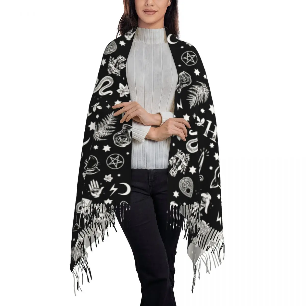 Custom Printed Halloween Occult Gothic Magic Witch Pattern Scarf Women Men Winter Warm Scarves Shawl Wrap view 3