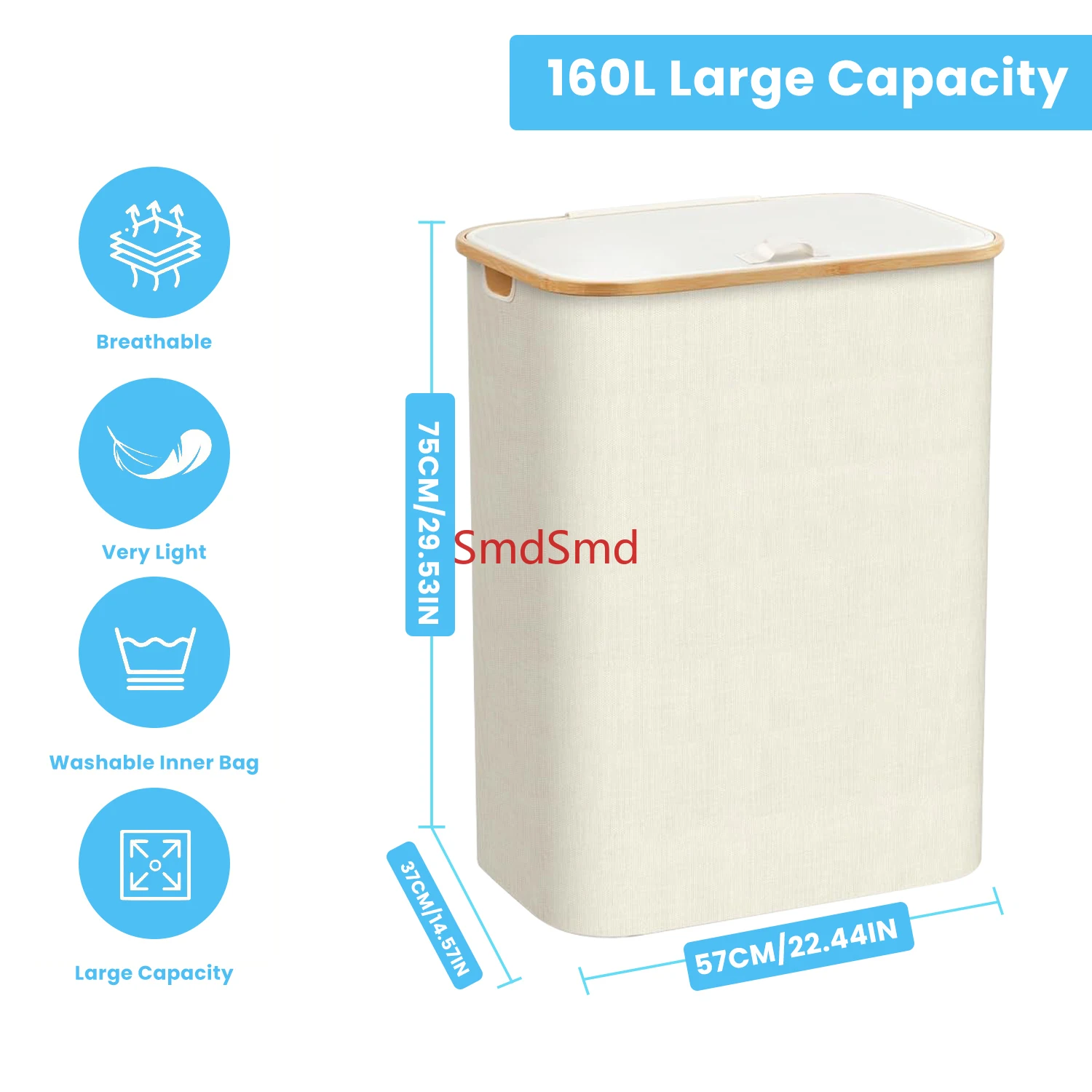 Laundry Basket 160L, Laundry Hamper Slim with Removable and Washable Inner Bag, Laundry Baskets with Handles