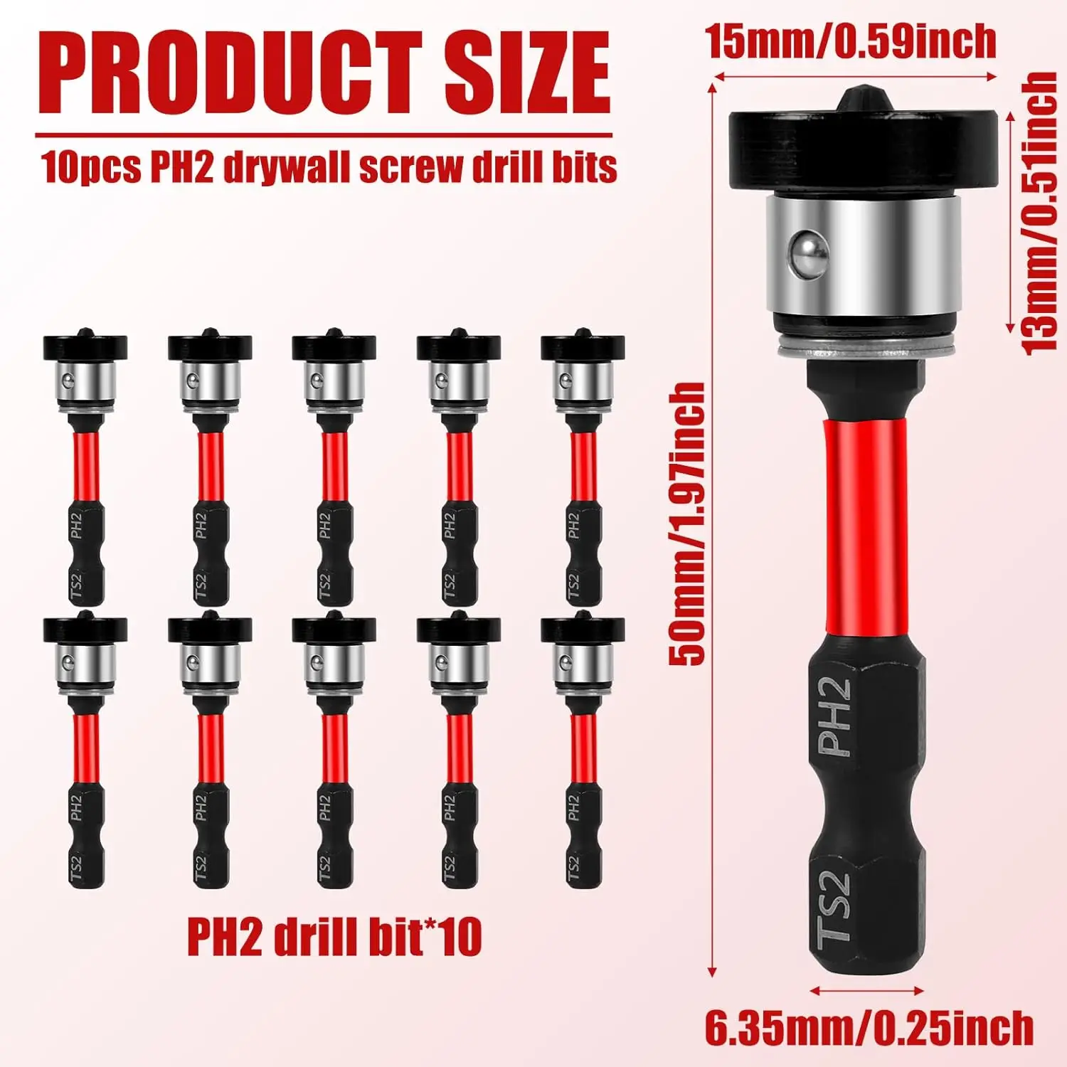 Magnetic Drywall Screw Setter Bits – Adjustable Depth PH2 Positioning Bits with Removable Aluminum Collar, S2 Steel Hex Shank