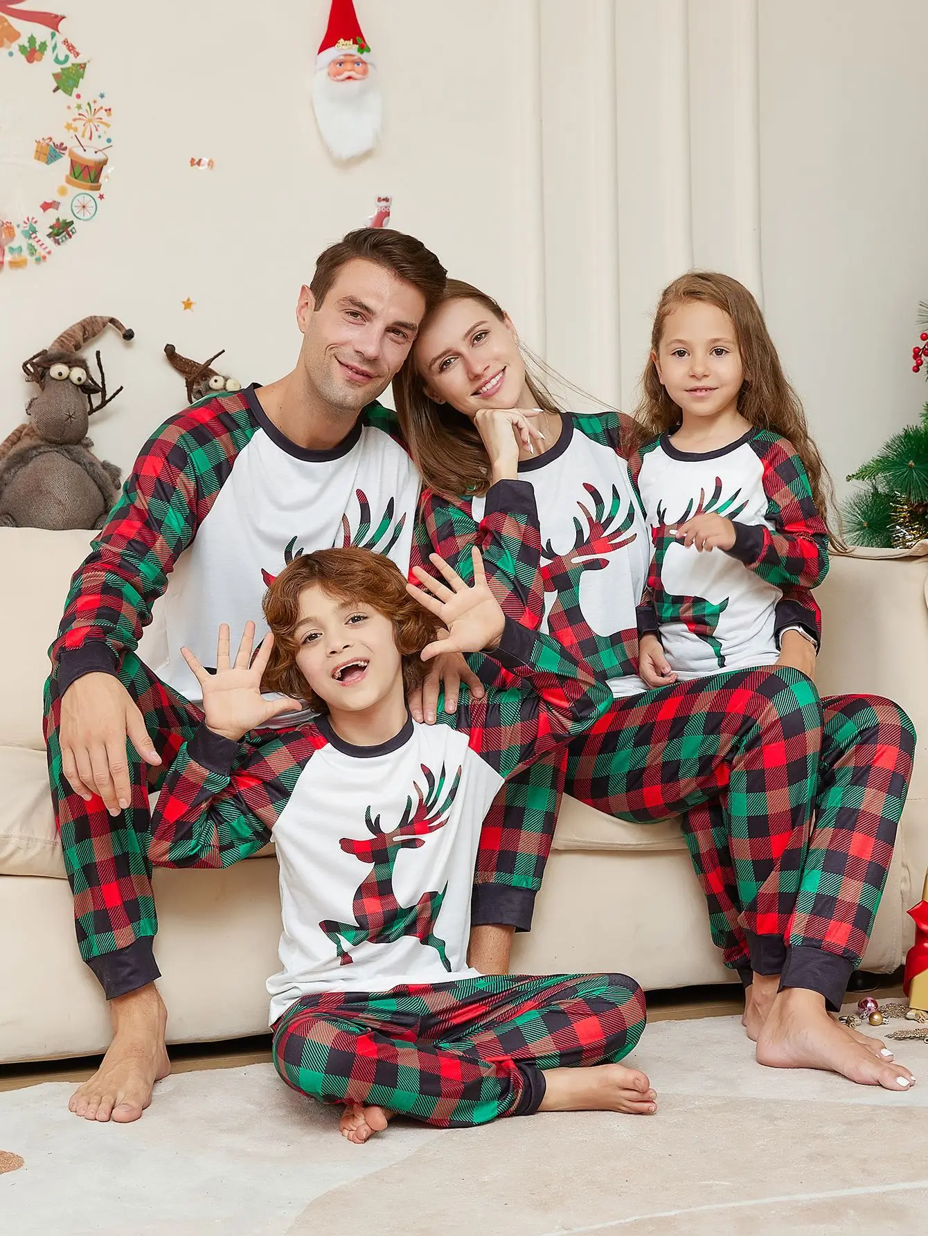 2024 Christmas Matching Family Pajamas New Year Elk Plaid Printed Pj\'s Set Baby Jumpsuit Xmas Pyjamas