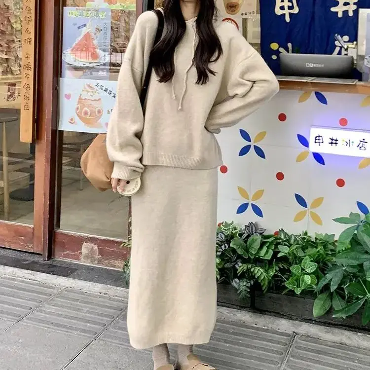 Knitted Suit Loose Hood Lazy Suit Solid Pullovers Long Sleeve Sweater Two-Piece High Waist Maxi Skirt Fishtail Sets High Waist