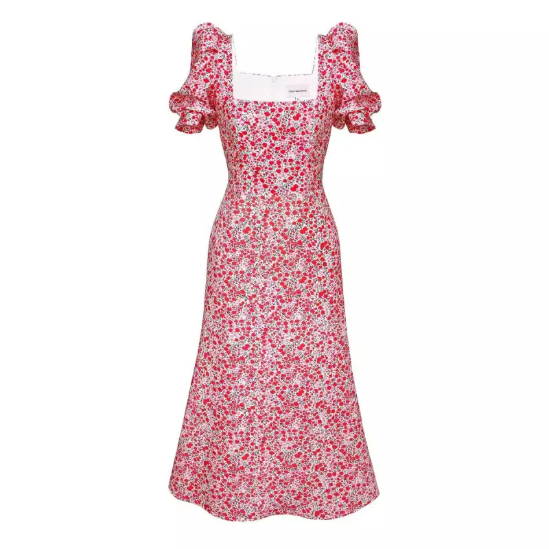 2025 النمط الأوروبي والأمريكي الفرنسي فستان طويل صيف جديد الخصر مقصوص التخسيس أنيقة المرأة الأزهار قصيرة الأكمام D