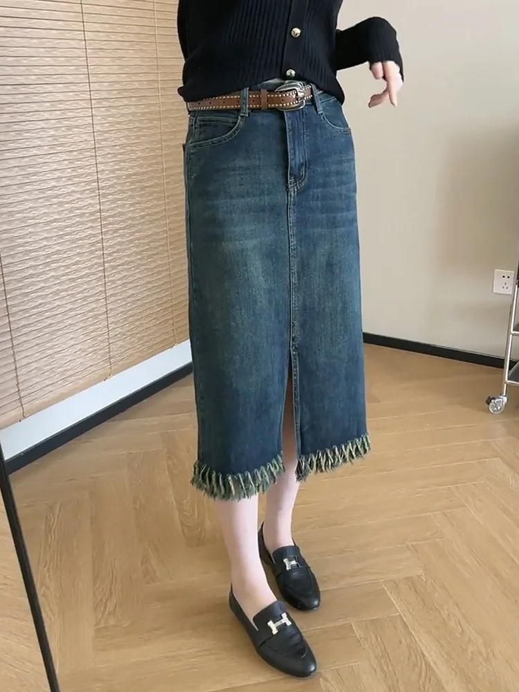 

Ретро-юбка из денима с асимметричным подолом, женская модная универсальная юбка в корейском стиле, для повседневной носки, цельная.