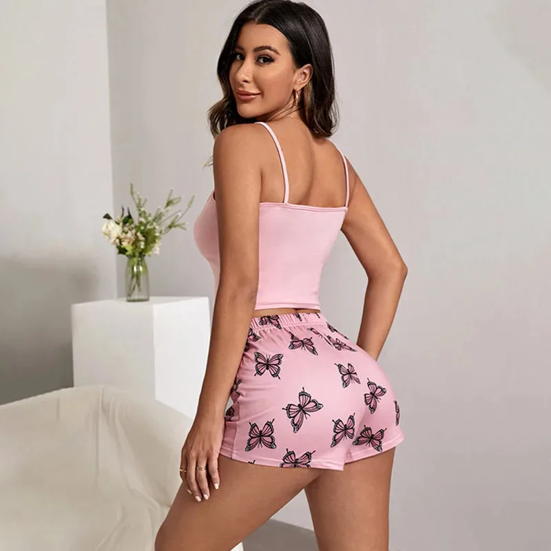 Women's Pajama Set Pajamas 2 Pieces Short Tank Top Shorts Black Breathable Soft Casual Butterfly Print Home Clothes image 6