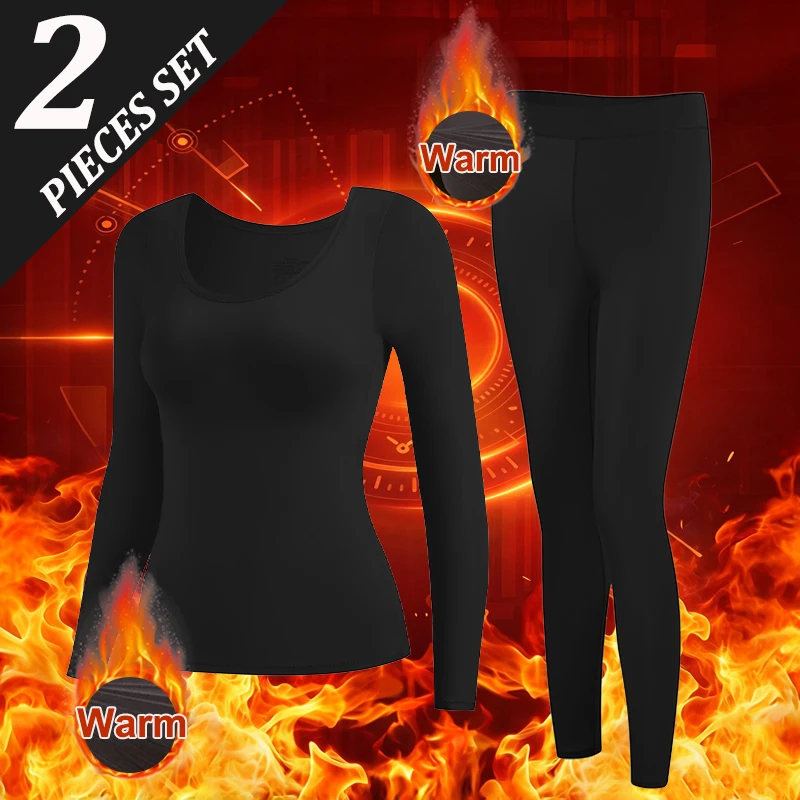2Pc Autumn Winter High Elastic Underwear Sets with Chest Women Seamless Ultra-thin Warm Sleepwear Female Comfortable Loungewear