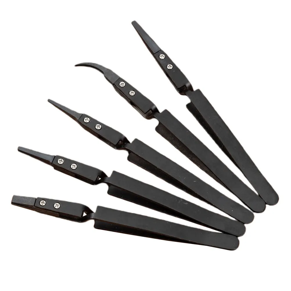 Pinzas de plástico de precisión, aislamiento resistente al calor, no conductor, antiestático, curvo inverso, duradero, acero inoxidable, 5 uds.