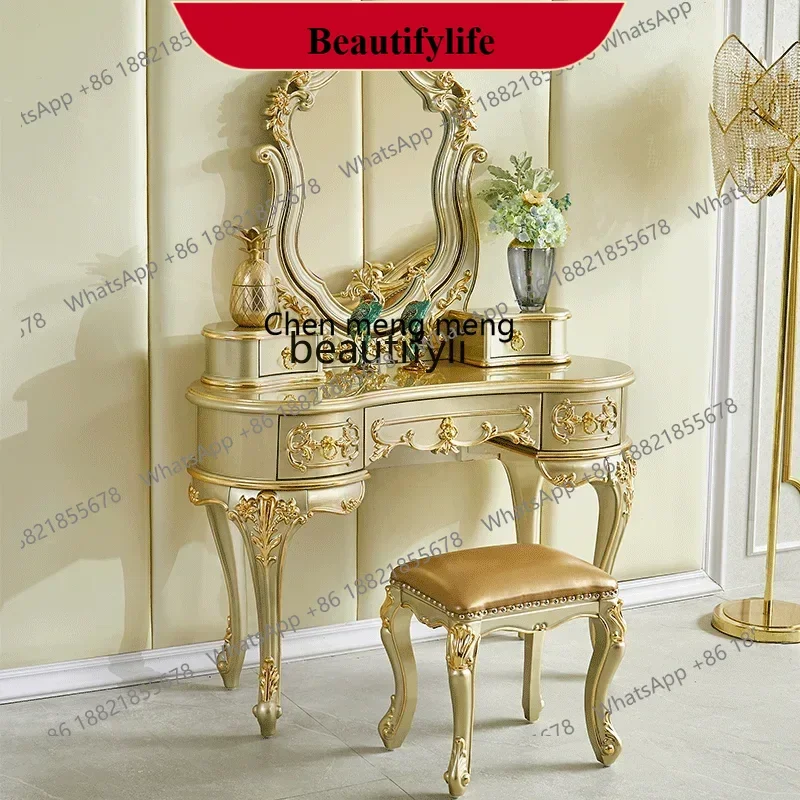 

D178 European dresser full solid wood carving flower bedroom makeup table home makeup mirror combination integrated champagne g