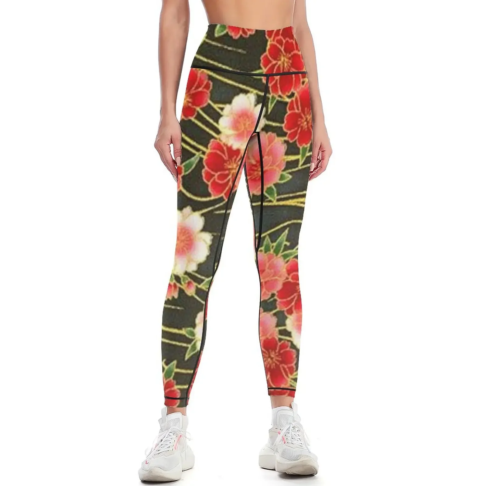 Traditional Japanese Kimono Cherry Blossom Japanese Sakura Flowers Pattern | Red and White Leggings