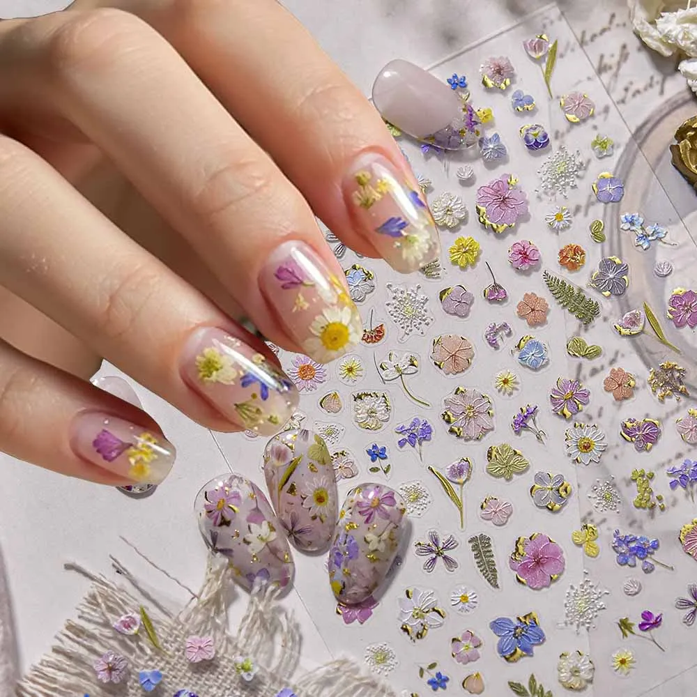 

1pcs Gold Foil Dried Flower Relief Nail Stickers Colorful Oil Painting Flowers Fairy Nail Decals Frosted Floral Manicure Sliders