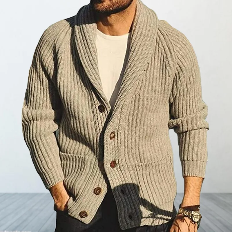 Men\'s Cardigan Sweater Autumn and Winter Solid Color Lapel Long Sleeved Outerwear Knitted Sweater Retro Sweater Clothing