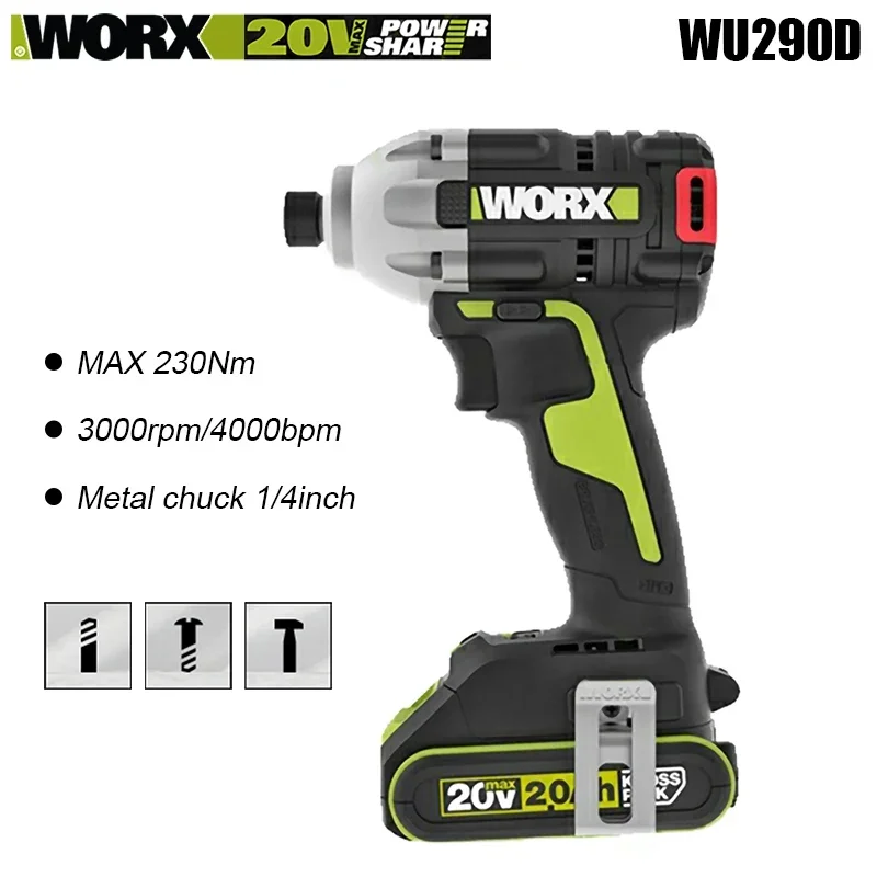 Worx WU290D Wireless Impact Screwdriver Brushless Multifunction 20v 230Nm 3000rpm 4000bpm 3 Speed Adjustable Share Green Battery