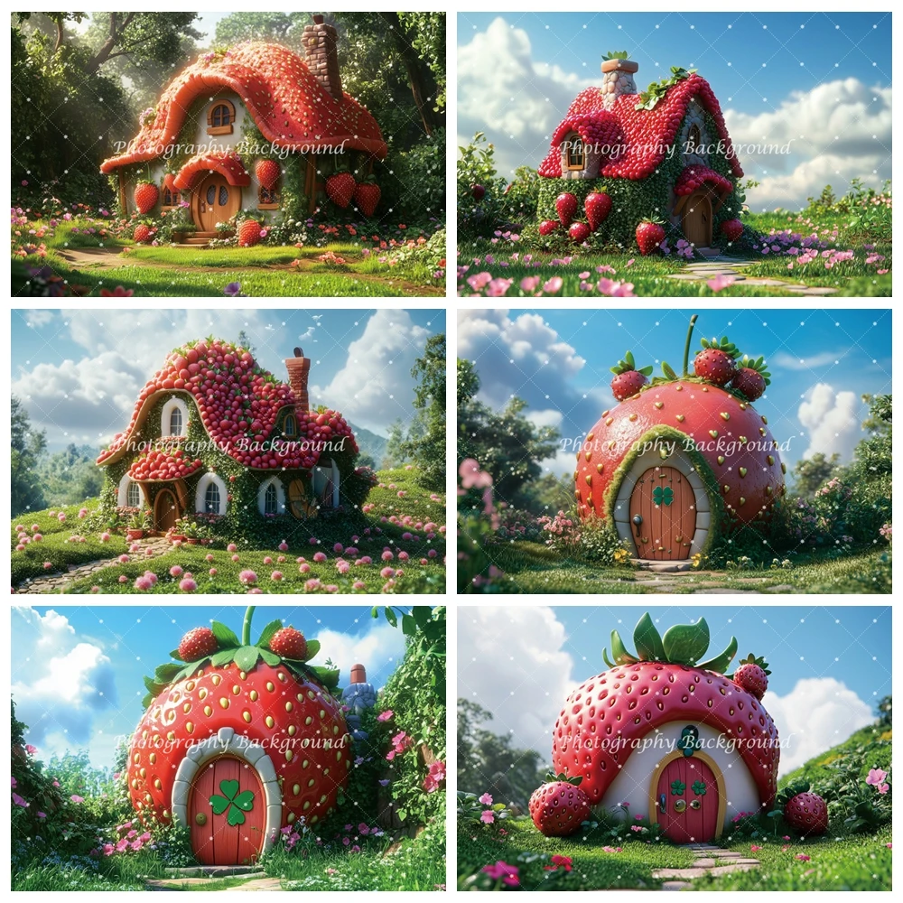 

Strawberry House Birthday Backdrop Cartoon Green Forest Girl Birthday Baby Shower Party Decoration Photography Background Banner