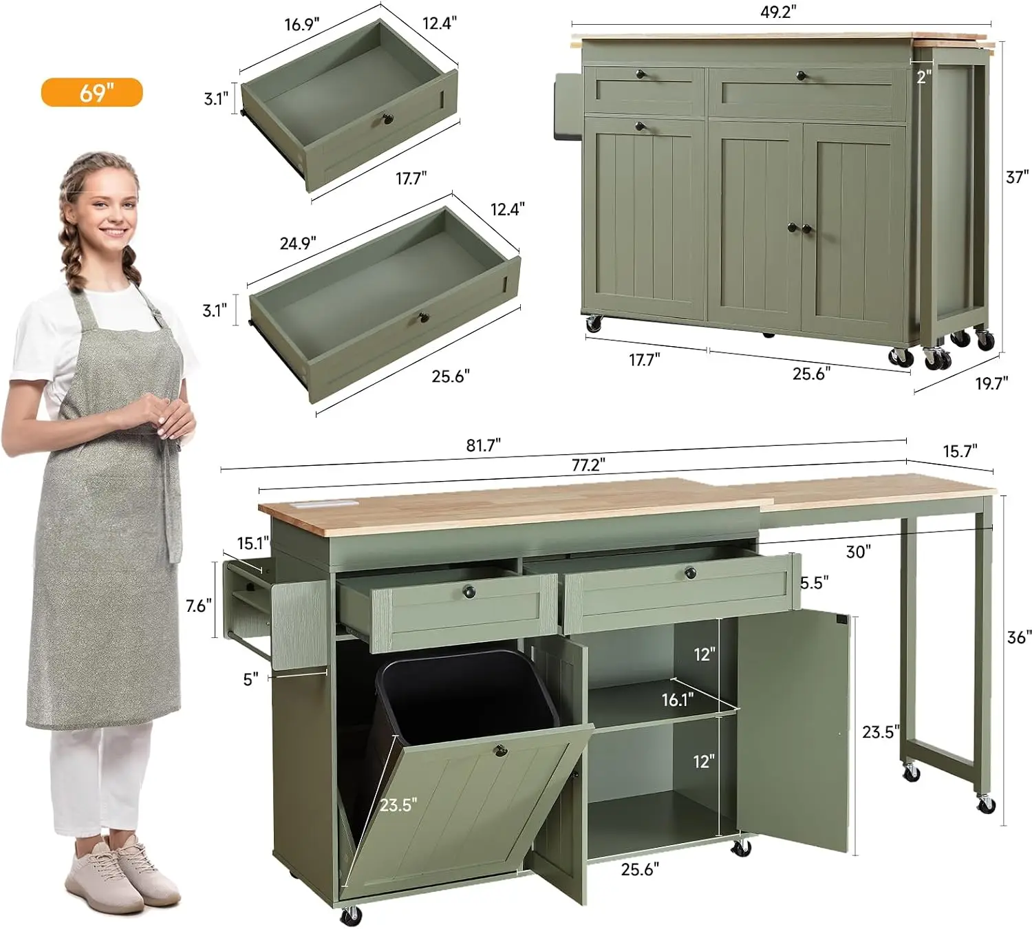 Kitchen Islands with Extendable Dining Table, Mobile Storage Islands, Green | 81.7" Rolling Kitchen Cart with Trash Cabinet, Pow image 3