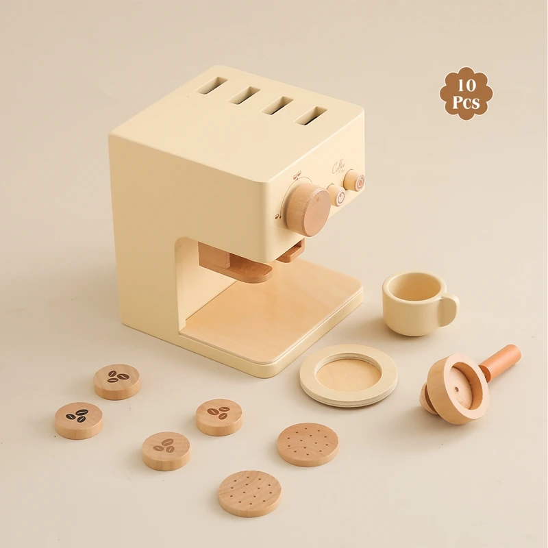 Baby Wooden Coffee Maker Toys Set Kids Early Education Encourages Imaginative Playset Infant Pretend Play House Accessories Gift