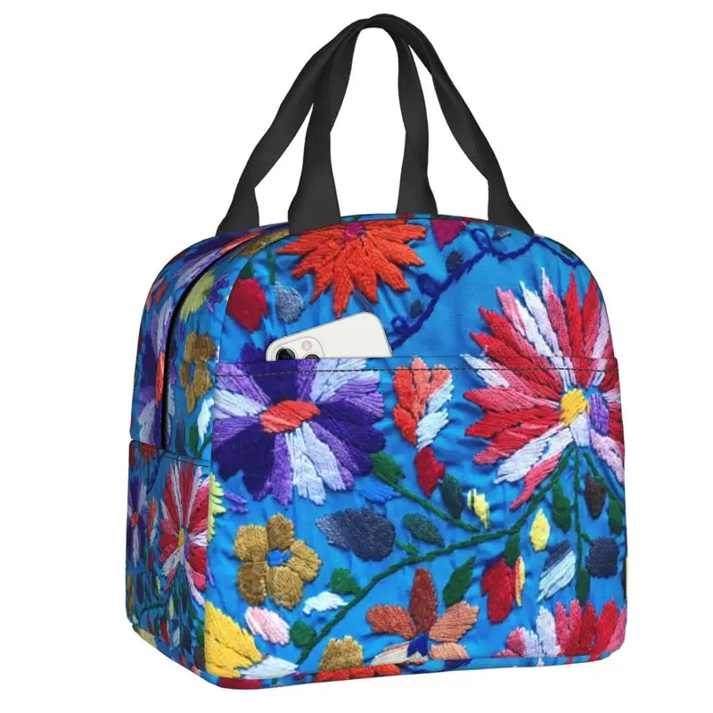 Red White Mexican Flowers Insulated Lunch Bag for Leakproof Textile Floral Art Thermal Cooler Lunch Tote Office Work School