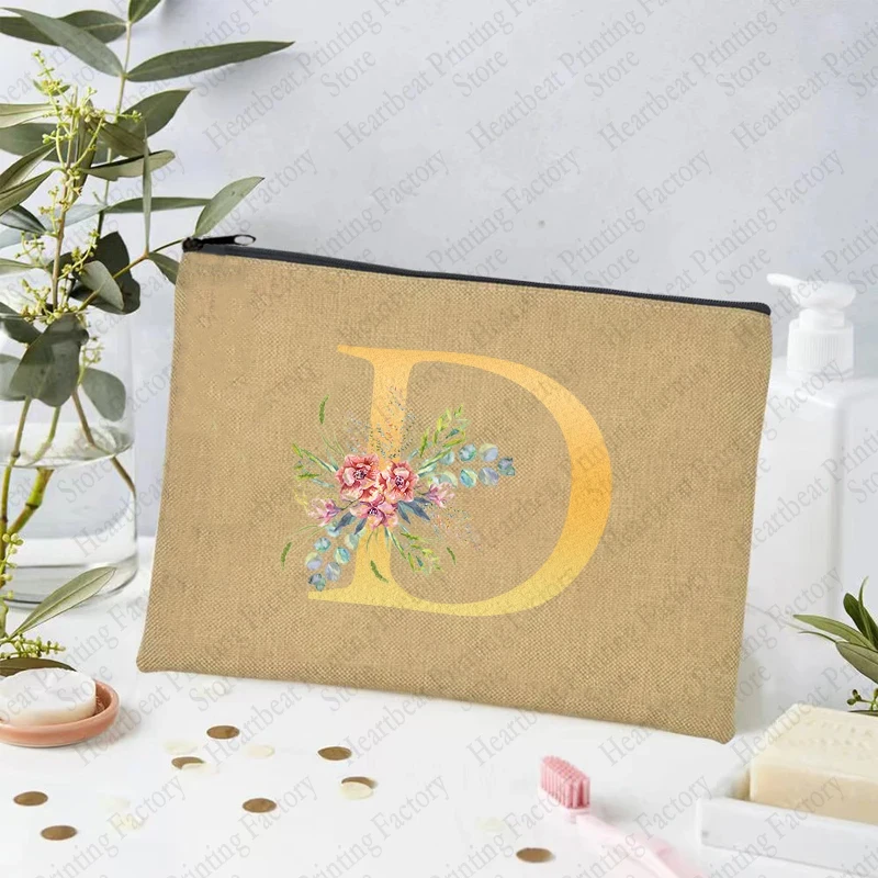 26 Initial Alphabet Flowers Linen Cosmetic Makeup Case Bridal Toiletry Pouch Bag Bridesmaid Teacher Gift Bachelorette Party Gift