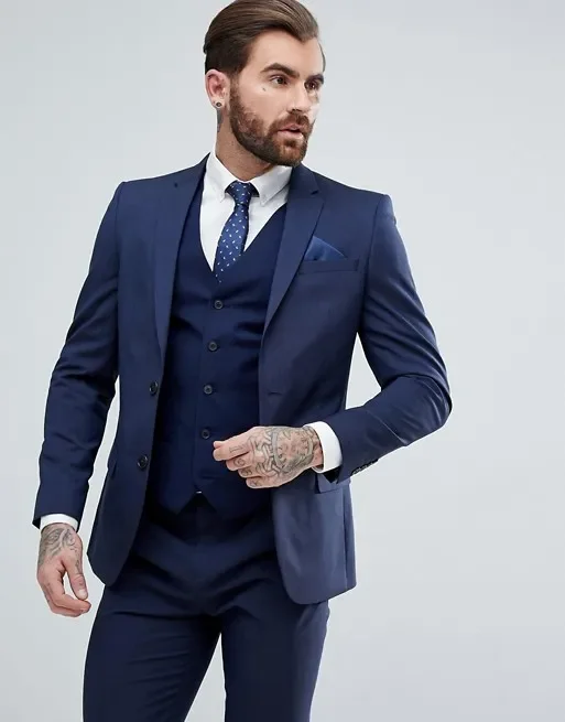 Slim Fit 2 botões terno de lapela formal masculino, azul royal, smoking de casamento, terno de padrinhos, jaqueta, colete, calças