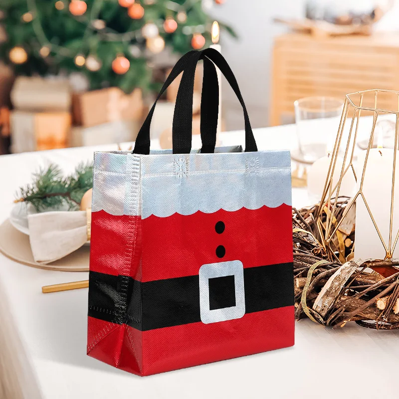 10pcs Christmas Non-woven Tote Bags Eco-Friendly Reusable Shopping Bags Laser Santa Claus Printed Gift Packaging Bags