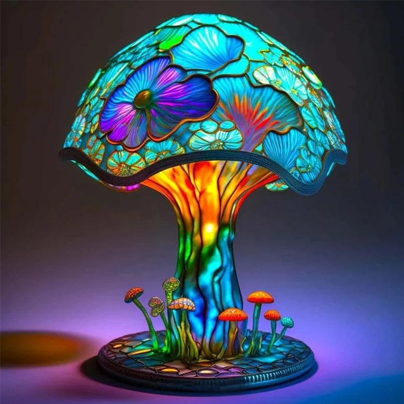 Creative Stained Mushroom Table Lamp, Vintage Plant Flower Series, Colorful Bedroom Bedside Atmosphere, Night Light, Home Decor