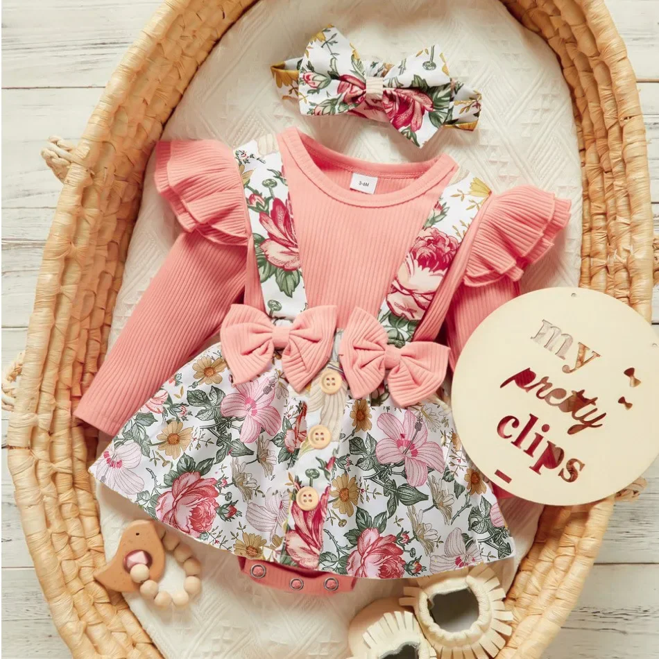 New 0-18Months Newborn Baby Girl Dress with Bow Long Sleeve Flower Dresses Onesie Clothing Autumn Infant Fashion Cute Jumpsuit